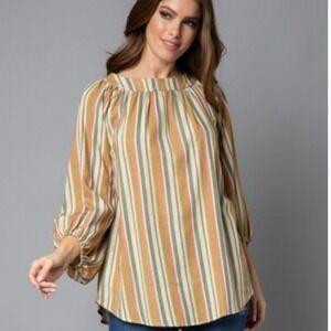 Striped Linen Cottoncore‎ Half Puff Sleeve Blouse Top Rayon Linen Blend Size L